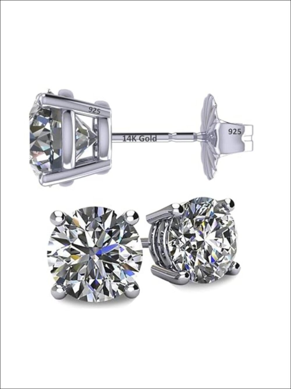 14K Solid Gold Post Stud Earrings with Pure Brilliance Zirconia for Sensitive